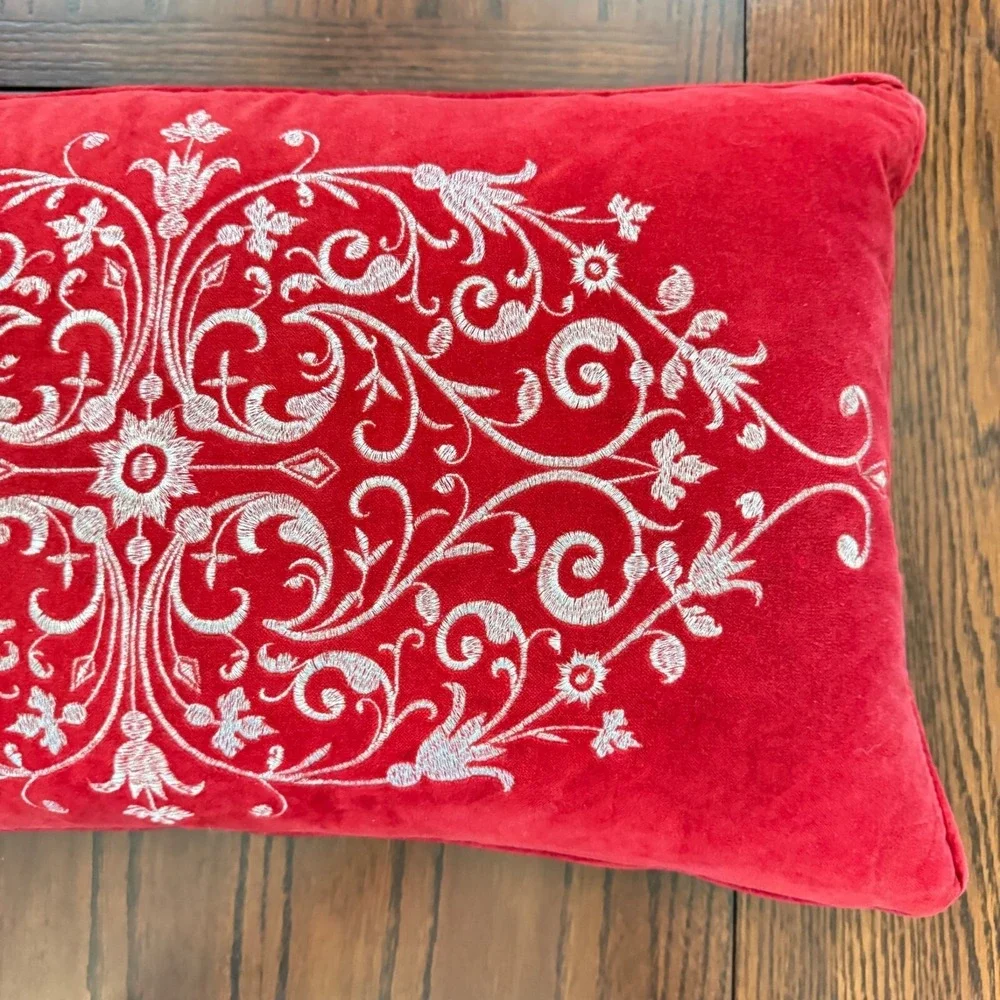 Storehouse Red Velvet Pillow Down Feather Fill Lumbar Silver Embroidered Holiday